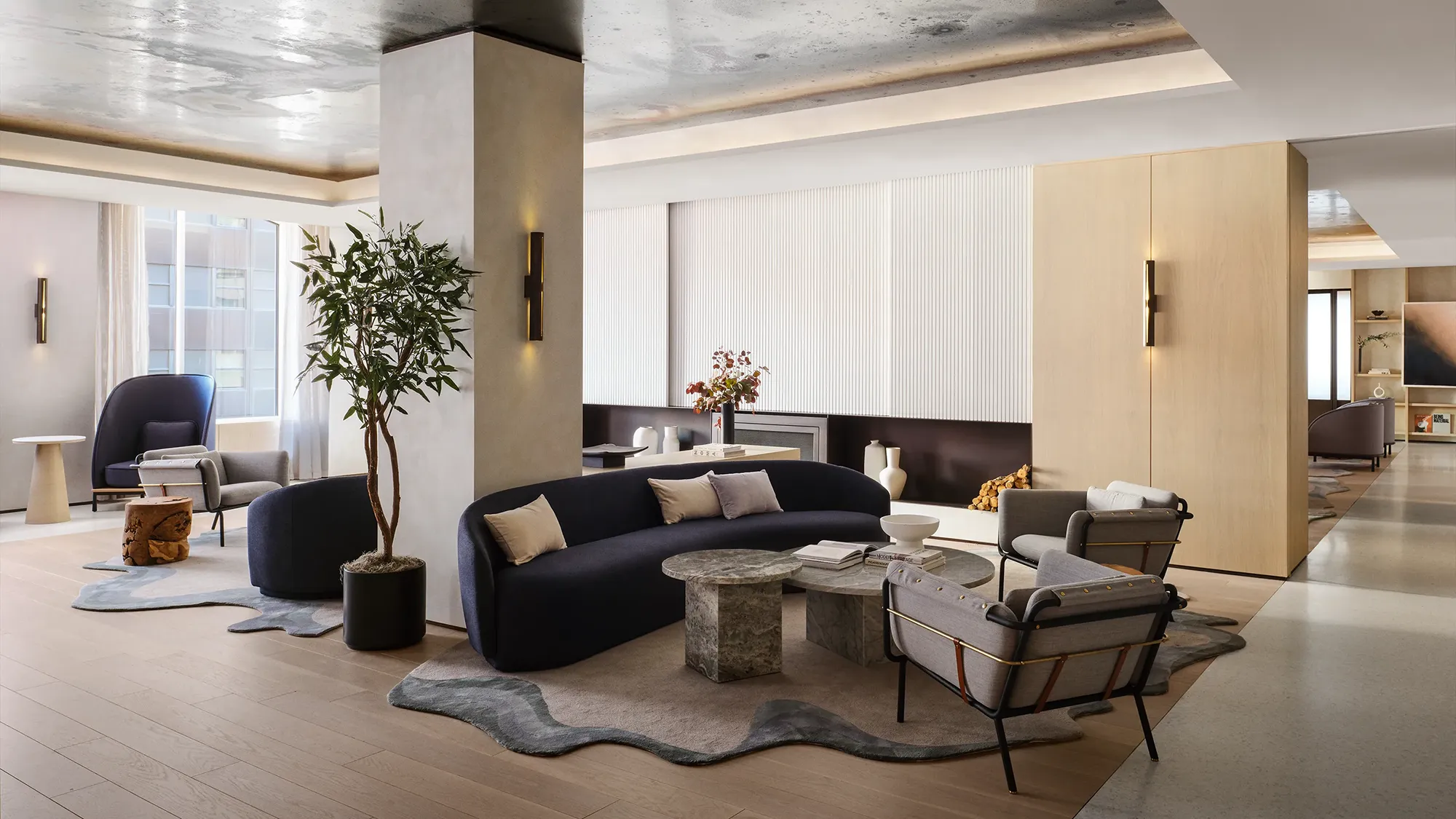 A workplace lounge area designed for productivity and comfort with curated interior design