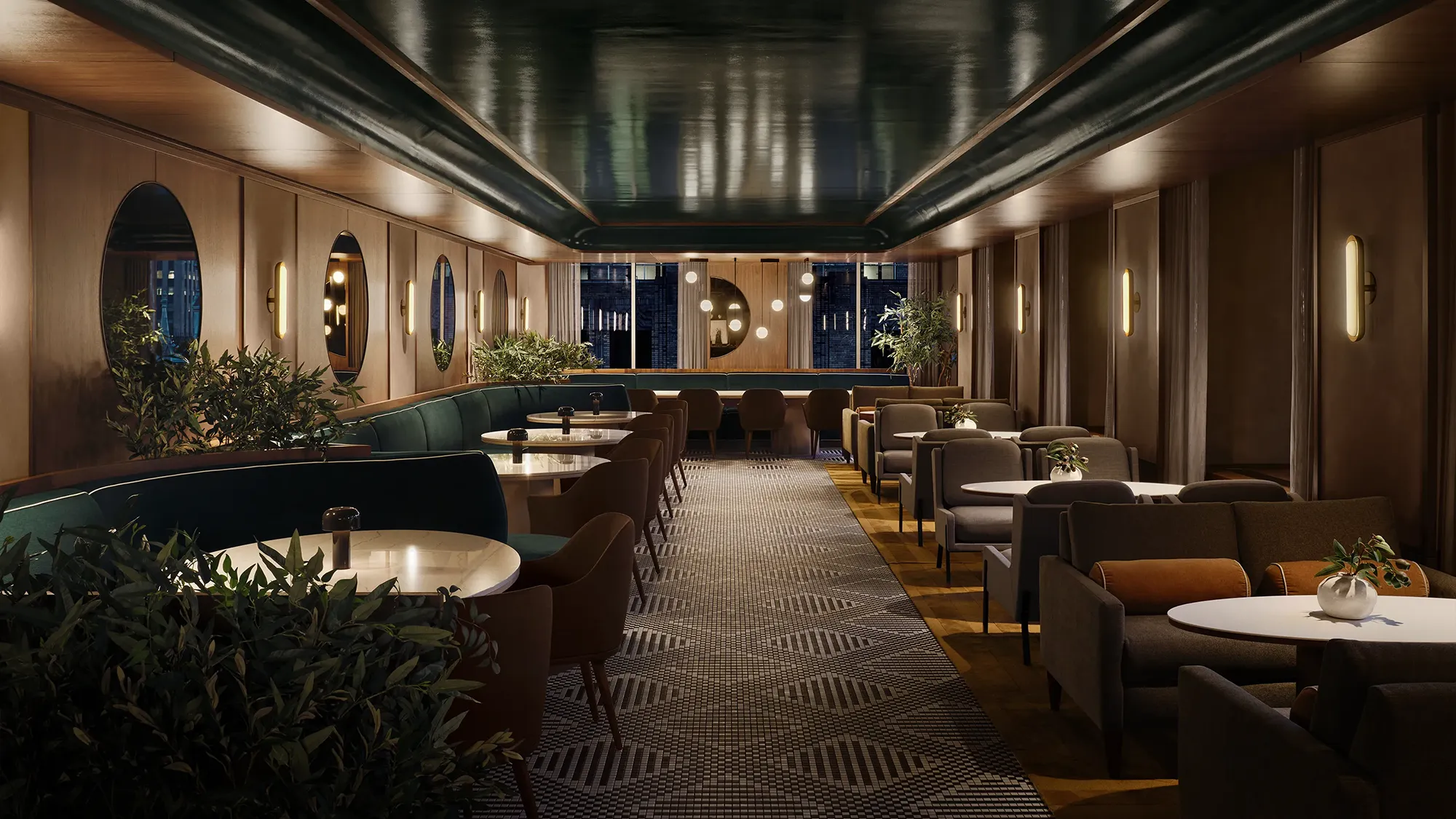 A dining area lined with plush chairs and booths
