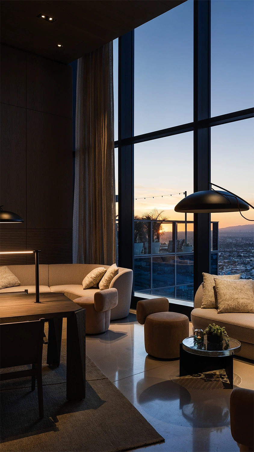 Living and lounge area with well-designed couches, a table, chairs, and elegant lighting fixtures, set against a sunset backdrop through the window.